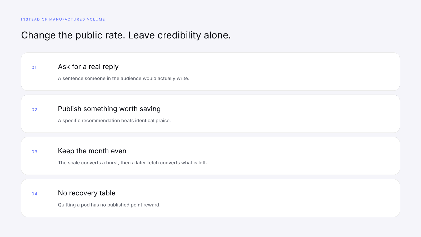 Real reply work on the engagement row, with no recovery-point table for leaving a pod