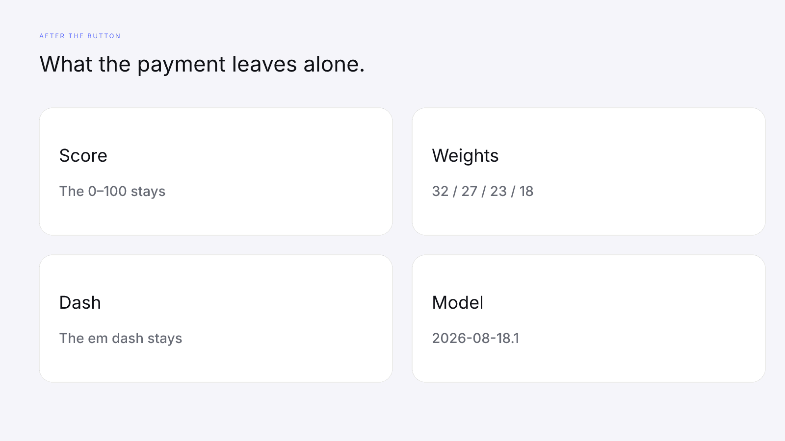 Payment leaves the score, the weights, the dash, and the model id alone