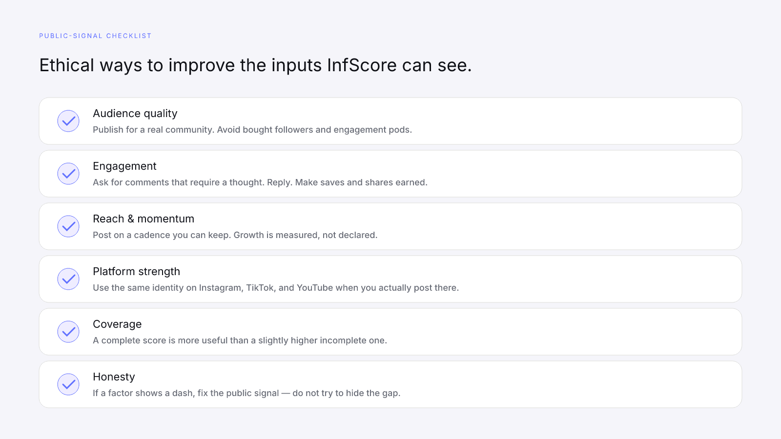 Checklist of ethical public-signal improvements for each InfScore factor