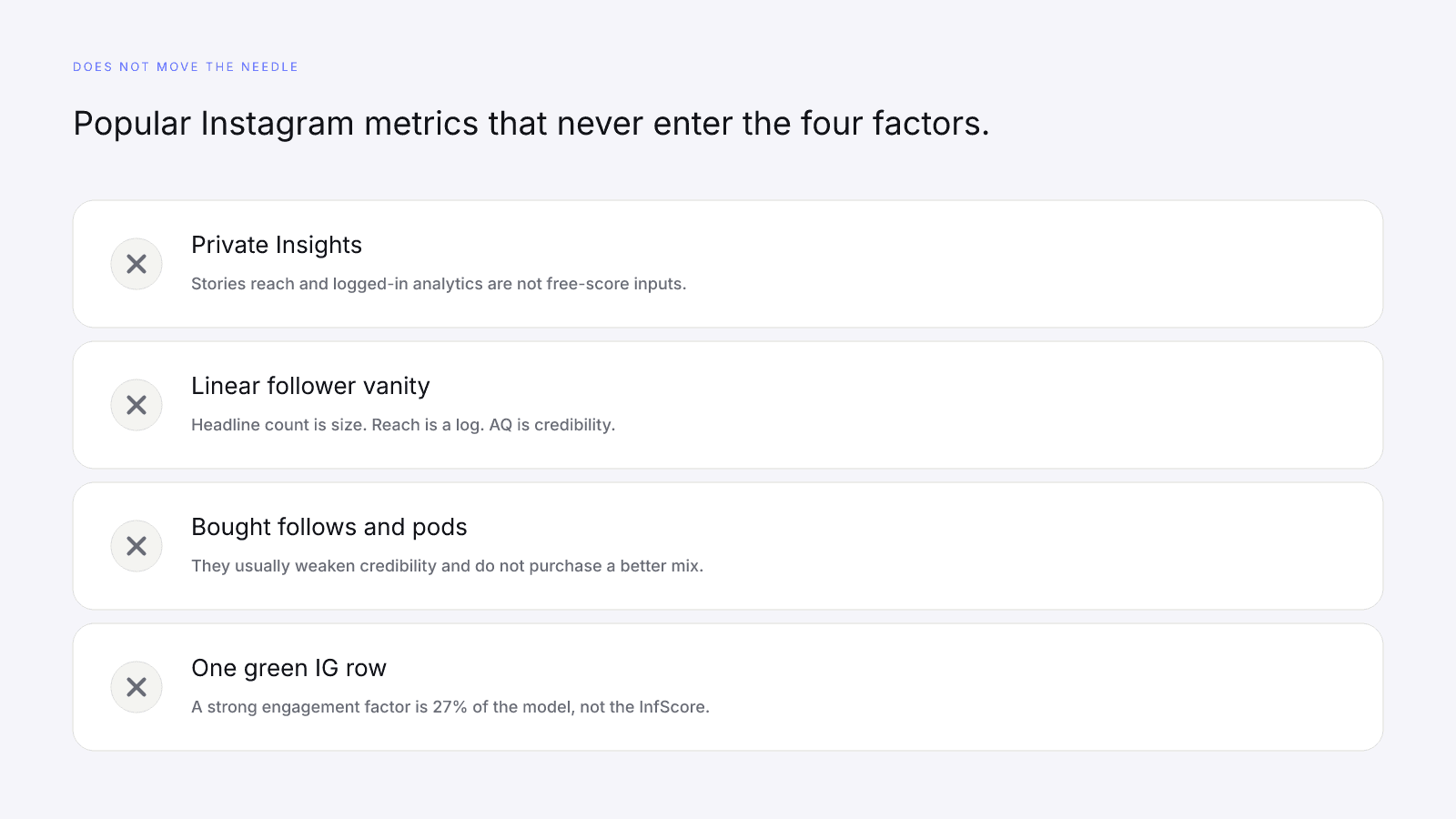 Vanity Instagram metrics that do not feed the four InfScore factors