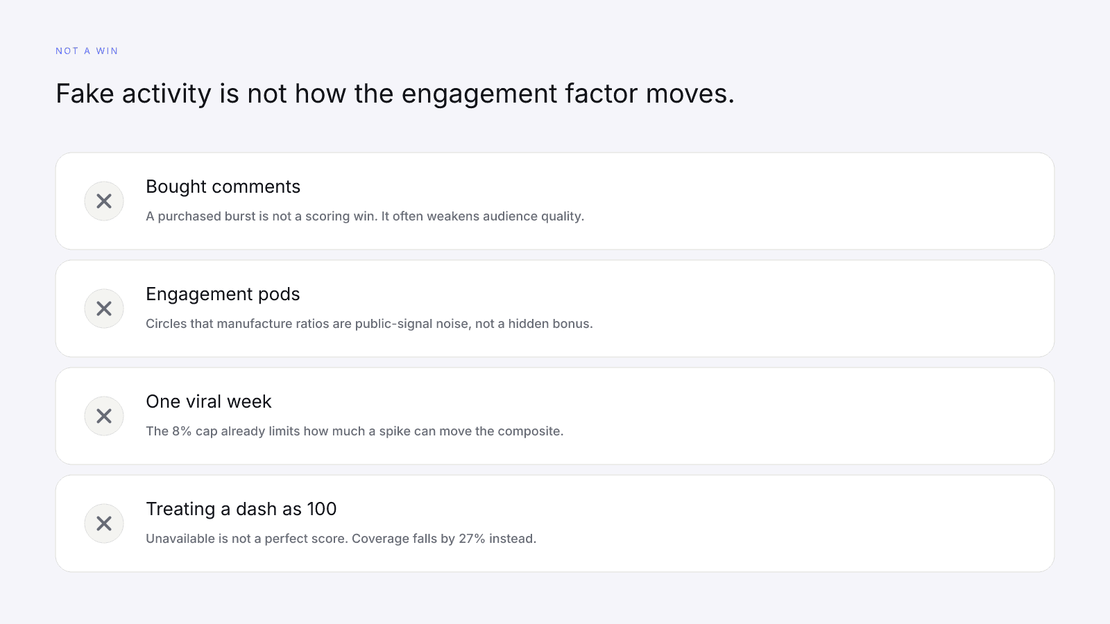 Bought comments, pods, and fake bursts are not InfScore wins